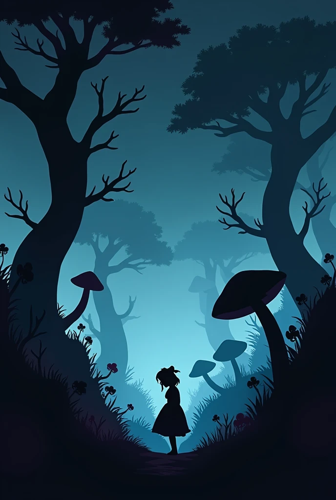 "Minimalist silhouette art in the style of Olly Moss, depicting a dark and twisted version of 'Alice in
Wonderland. Alice is a small, lost figure in the foreground, taking up no more than one-third of the
image, slumped over, looking disheveled and exhausted, yet retaining a hint of her youthful beauty.
The rest of the image showcases a surreal, eerie landscape of Wonderland, with oversized, distorted
elements like twisted trees, creepy mushrooms, and warped playing cards. The color palette should
be dark and moody, with deep blues, purples, and black shadows, creating a haunting atmosphere
that emphasizes Alice's sense of being last and out of place.