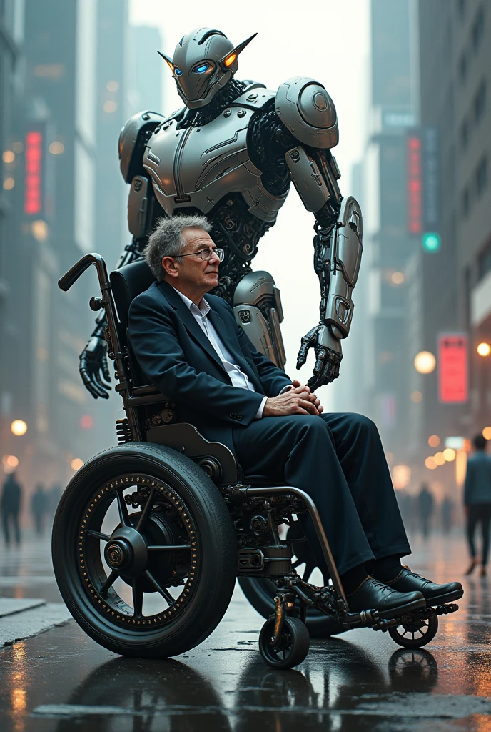 Robot man, written IOI on the arm with the appearance of a man, and an elderly man in a wheelchair