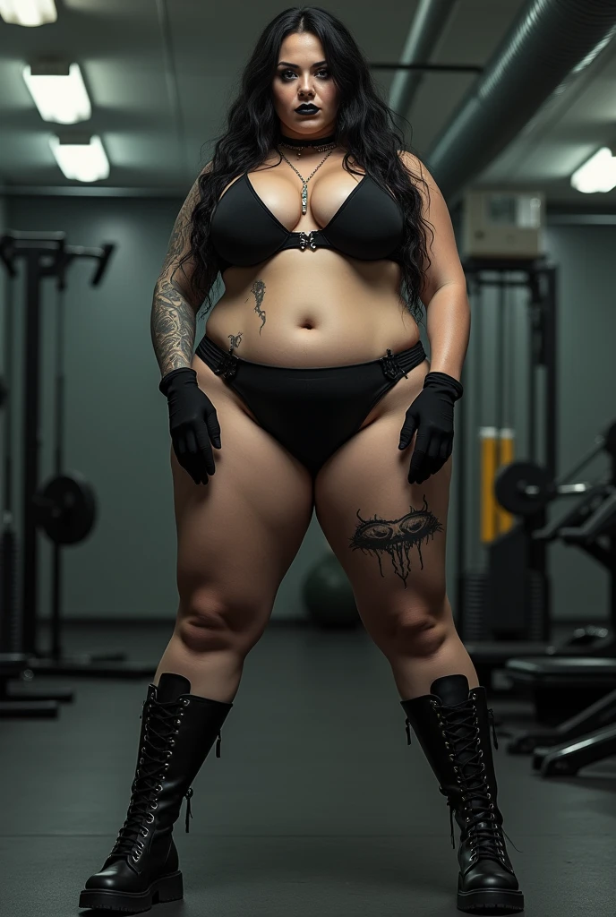Gothique à gros cul et aux gros seins dans la salle de sport, nue, écartant les jambes, montrant son anus et son vagin
