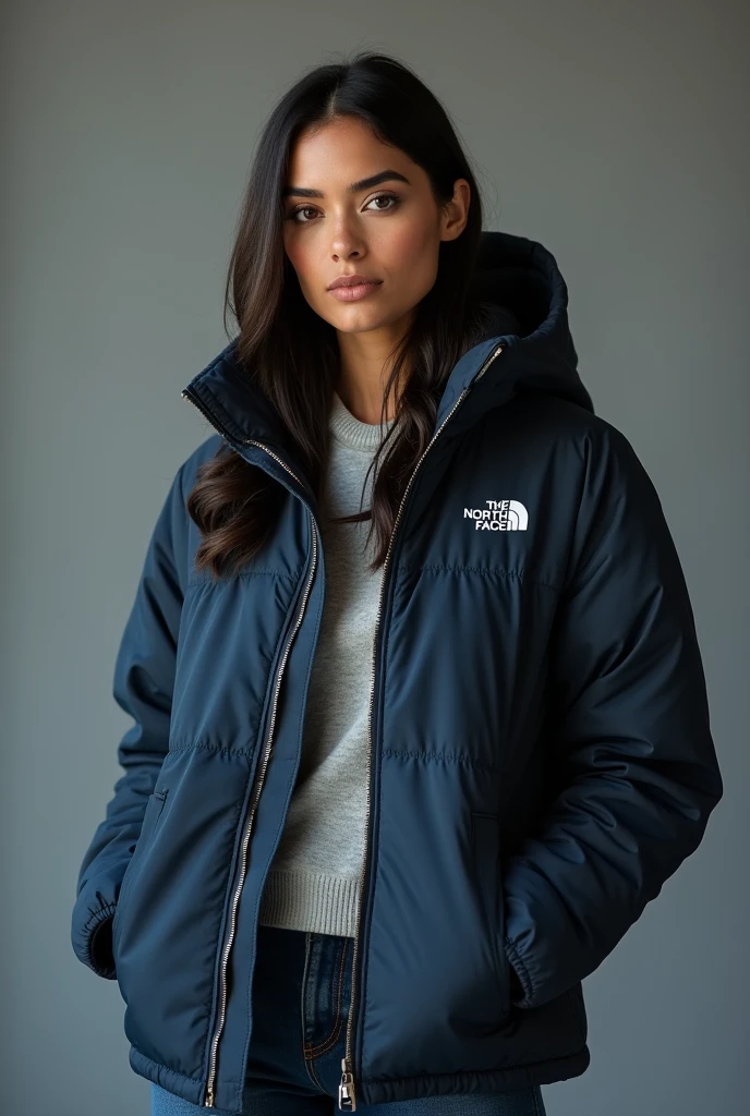 beautiful latin woman, standing straight facing forward,with a closed North Face cold weather jacket, denim jeans pants, on a greyish background. Medium camera shot.