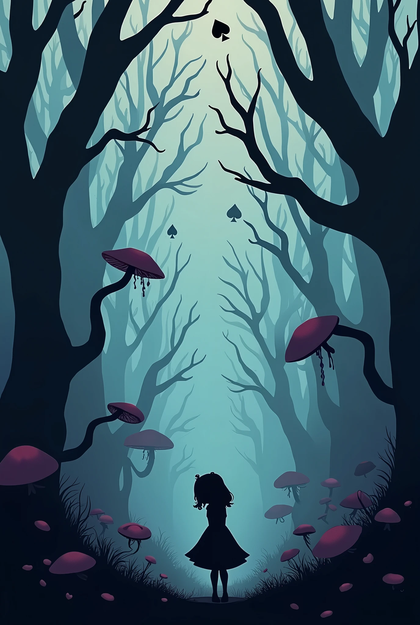 "Minimalist silhouette art in the style of Olly Moss, depicting a dark and twisted version of 'Alice in
Wonderland. Alice is a small, lost figure in the foreground, taking up no more than one-third of the
image, slumped over, looking disheveled and exhausted, yet retaining a hint of her youthful beauty.
The rest of the image showcases a surreal, eerie landscape of Wonderland, with oversized, distorted
elements like twisted trees, creepy mushrooms, and warped playing cards. The color palette should
be dark and moody, with deep blues, purples, and black shadows, creating a haunting atmosphere
that emphasizes Alice's sense of being last and out of place.