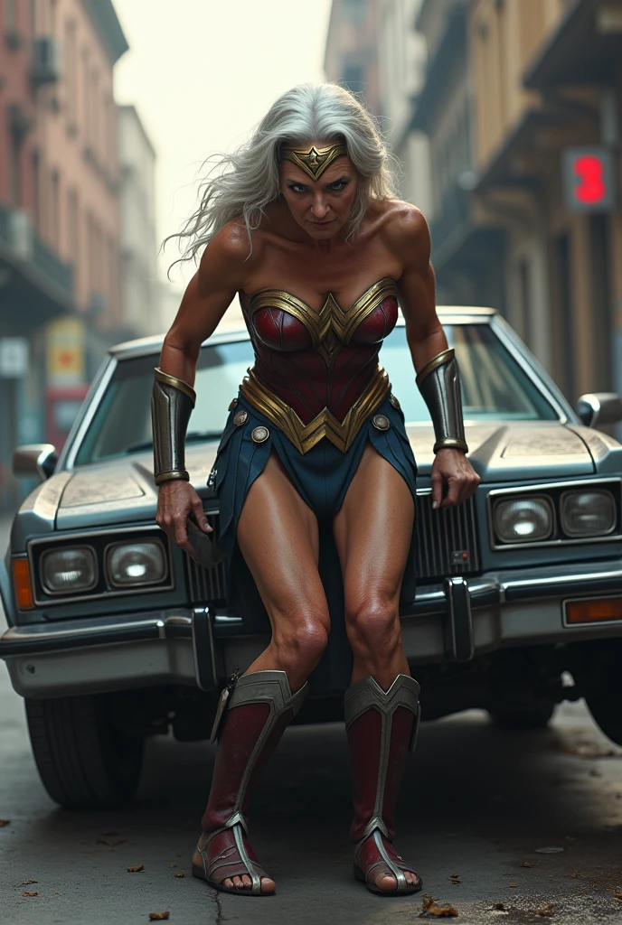 Wonder women but old women try to lift car as she lost lot of her power.make her as she hard to lift it.make it realistic and have white hair