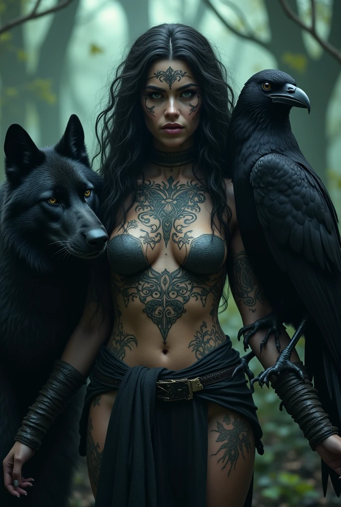 a tribal ultra-sexy witch, wolf and raven,(best quality,4k,8k,highres,masterpiece:1.2),ultra-detailed,(realistic,photorealistic,photo-realistic:1.37),detailed eyes,detailed lips,extremely detailed face and hair,beautiful woman,intricate tribal tattoos,black wolf,large black raven,dark magical forest background,moody dramatic lighting,deep saturated colors,cinematic composition