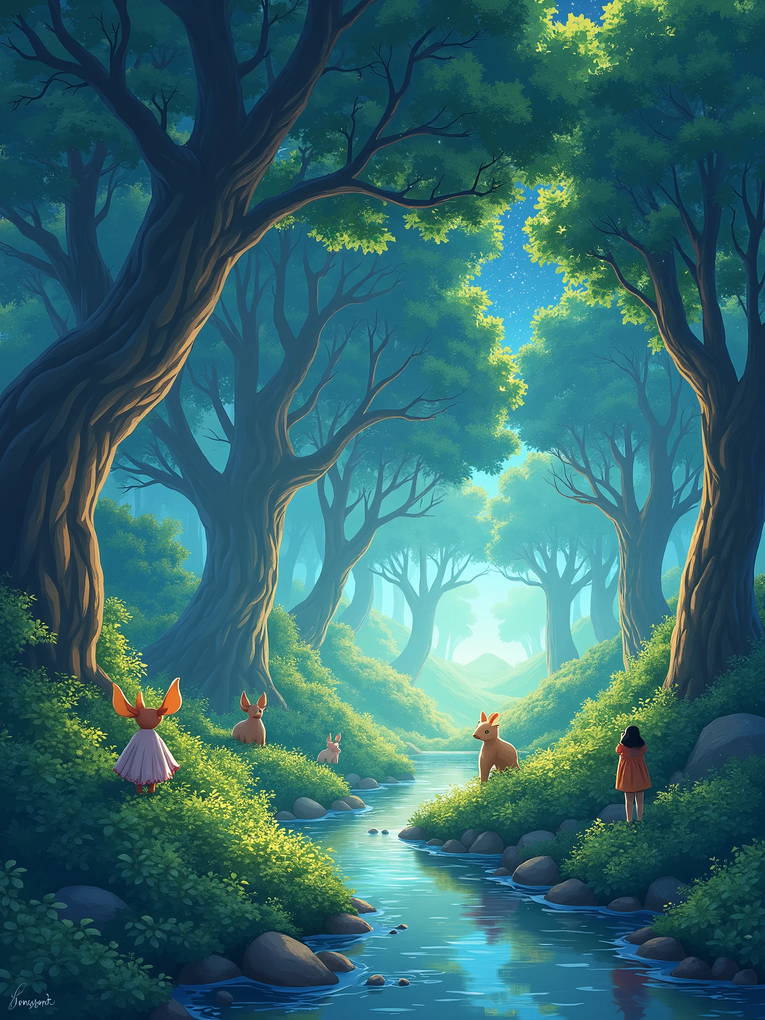 Viral anime nature wallpaper in 4K quality, in the style of digital illustration inspired by Hayao Miyazaki, featuring a serene forest with towering ancient trees, dappled sunlight filtering through the leaves, a gentle stream flowing through the scene, and mystical creatures peeking from behind the foliage; vibrant and warm color temperature, cosmos lighting with stars twinkling in the sky, no human characters, the atmosphere is tranquil and enchanting