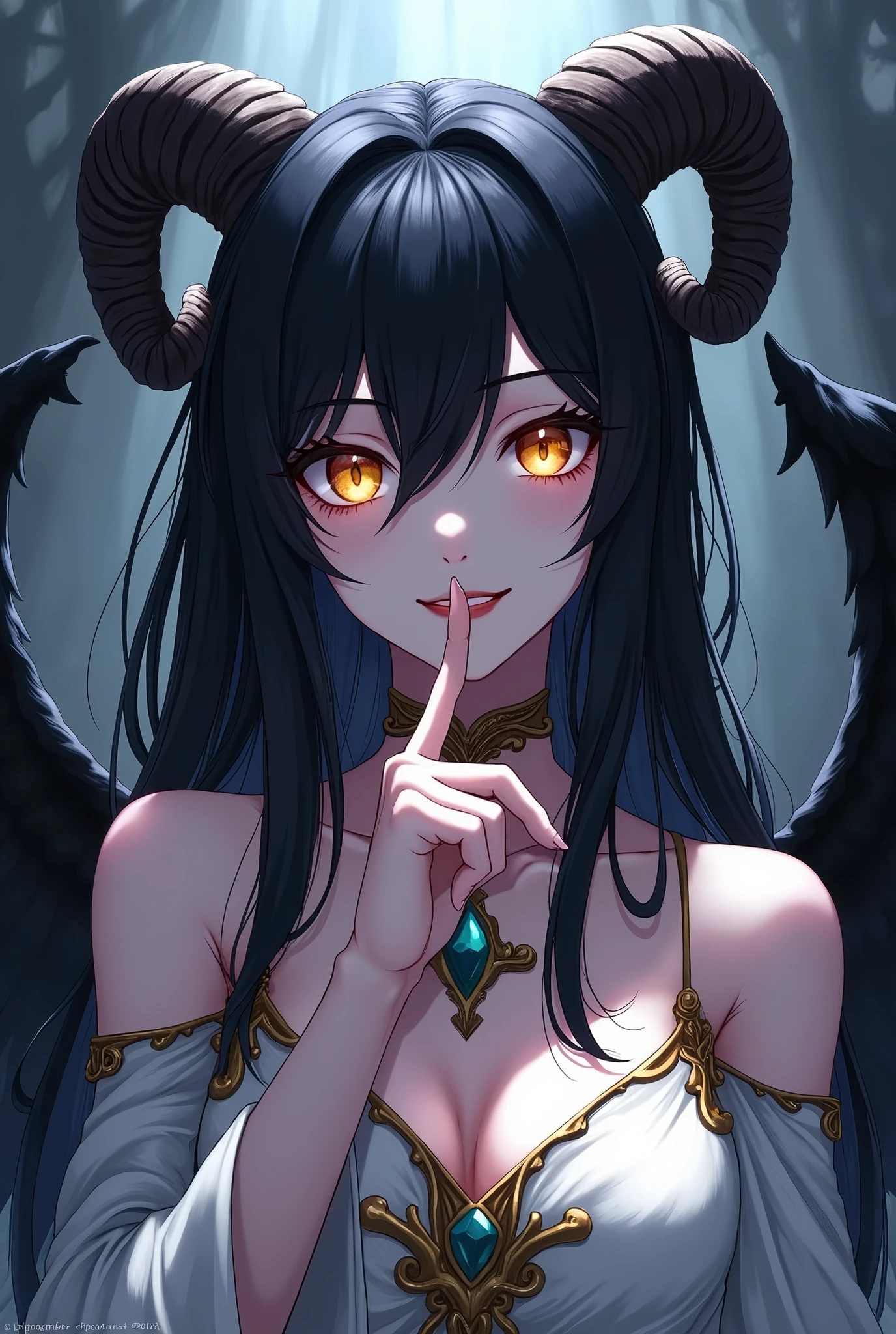 A demonic and seductive looking anime character, with black wings, long dark flowing hair, bright golden eyes, and curved horns like those of a ram. has pale skin, a mischievous smile and a playful and mysterious expression, holding a finger to his lips as if silencing someone. She wears a white dress with intricate detailing and gold accents, along with a blue gem on his chest. The scene is dramatically lit., with soft shadows that enhance her sharp features, as the background fades into darkness, adding an enigmatic and magical touch. The style is a mix of anime fantasy with intricate details, Capturing an intense portrait, close and dynamic