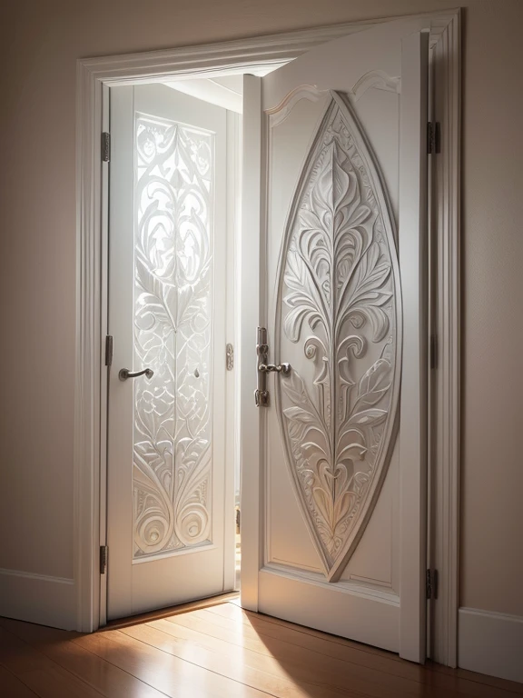 draw a door in the Lord of the Rings style), (on the door there are relief carvings from the lothlorien leaf), (the door is white with silver details), (the door is seen from the front), (it has a diffuse light), (the image has vivid colors),