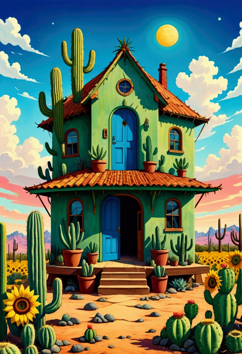 A painting of a cactus house,There is a sunflower and a blue door on it, Android Jones's paintings, Detailed 4k, Surrealism + Very detailed, Color illustrations, Very detailed visionary art, pop Surrealismism art style, Surrealismistic painting, Colorfull illustration, psychedelic Surrealism art, Surrealism painting, pop Surrealismism lowbrow art style, Very detailed painting, Fantasy painting, Psychedelic illustration
