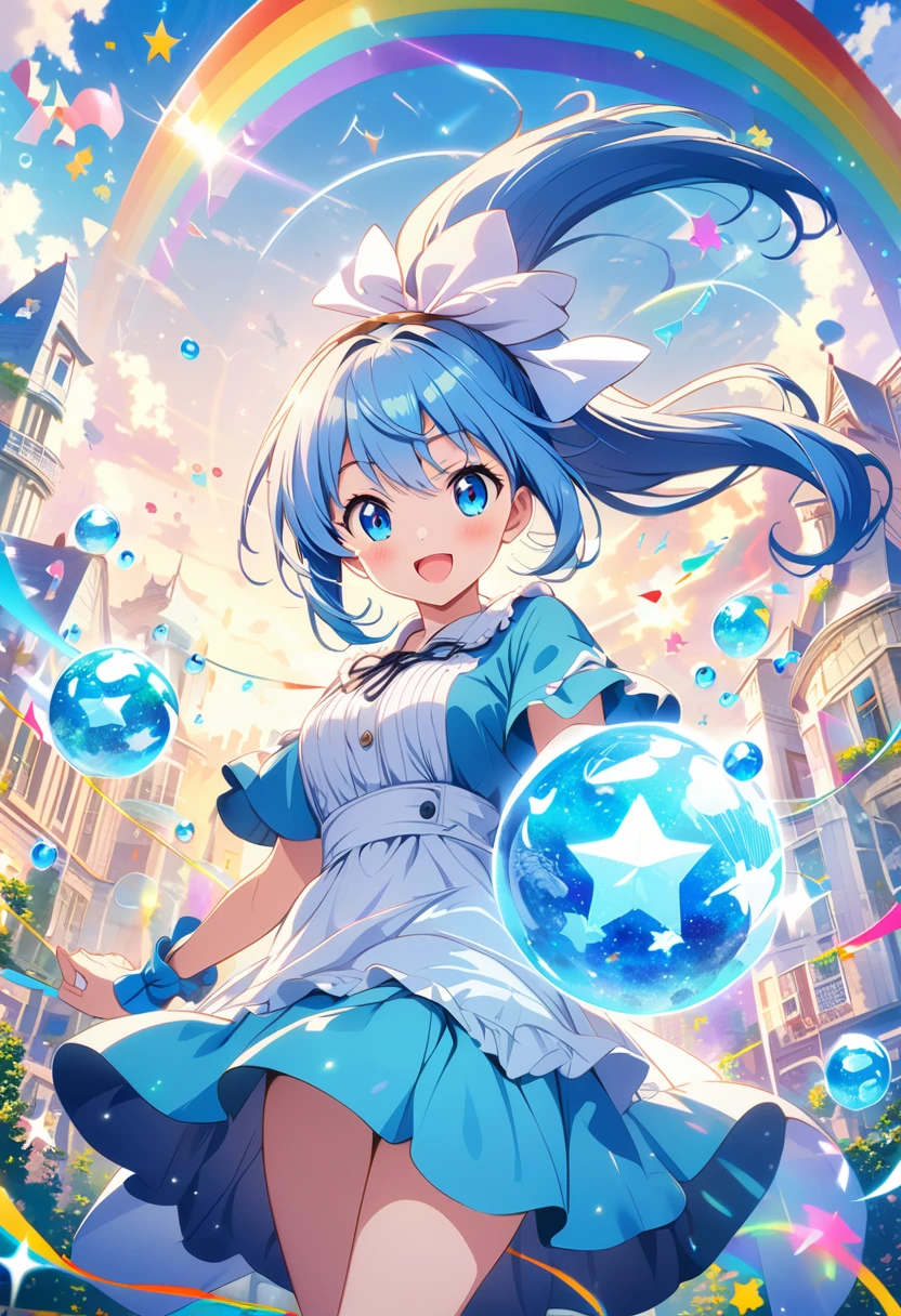 Anime style, ultra-detailed, 8K CG, blue-haired girl, smile, blue world, mysterious blue objects floating, star, musical note, rainbow, pony tail, alice in wonderland