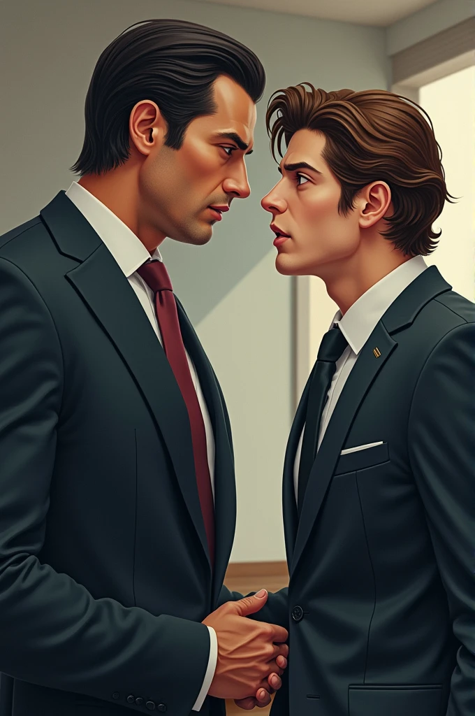 draw two guys on businessman attire one formal and one a bit casual, one is taller and has dark brown slicked back hair, brown eyes, light olive skin. the other one has long wavy brown hair and hazel eyes, shorter than the other guy and is always serious. the tall guy looks like he's provoking the other guy. 