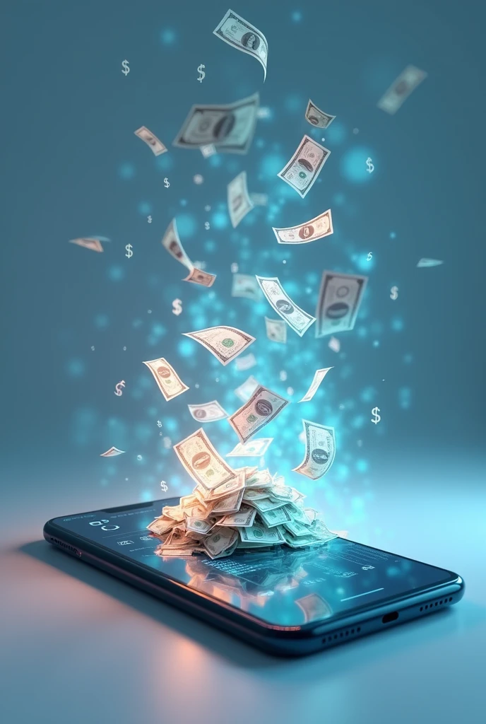 Cell phone with projection of money falling into the account , Dollar signs 