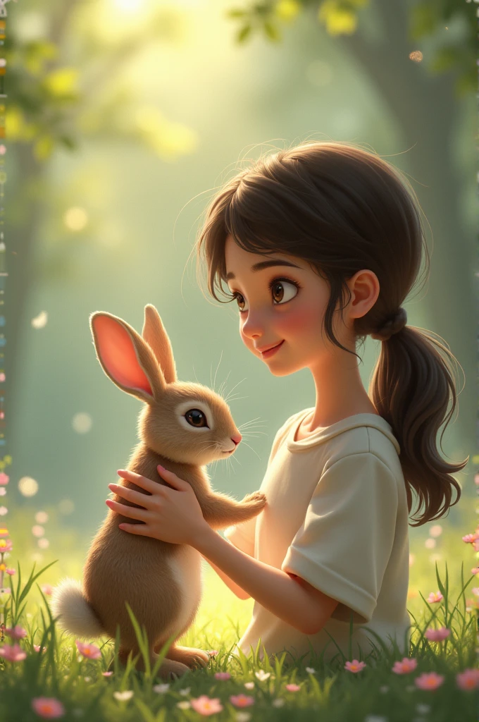 The rabbit looks lost and frightened as Lily gently picks it up, promising to help it
