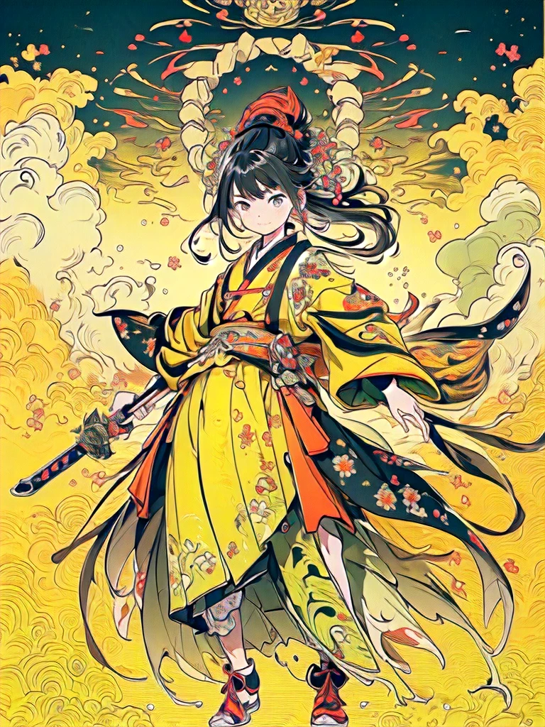 ultra high resolution,((masterpiece))),(((best quality))),((super detailed)),((extremely delicate and beautiful)),(wide shot, wide-angle lens,Panoramic:1.2),super vista,super wide Angle,Low Angle shooting,super wide lens,highly detailed,(masterpiece, top quality, best quality, official art, beautiful and aesthetic:1.2),(fractal art:1.2),
xuer ai yazawa style girl,1girl,solo,holding weapon,katana,floral print,looking at viewer,fighting stance,eastern dragon,braid,floral print,Ink,ink splatter,
(disgust:1.3),(full body:1.4),A shot with tension,(sky glows yellow,Visual impact,giving the poster a dynamic and visually striking appearance:1.2),Chinese Zen style,impactful picture,