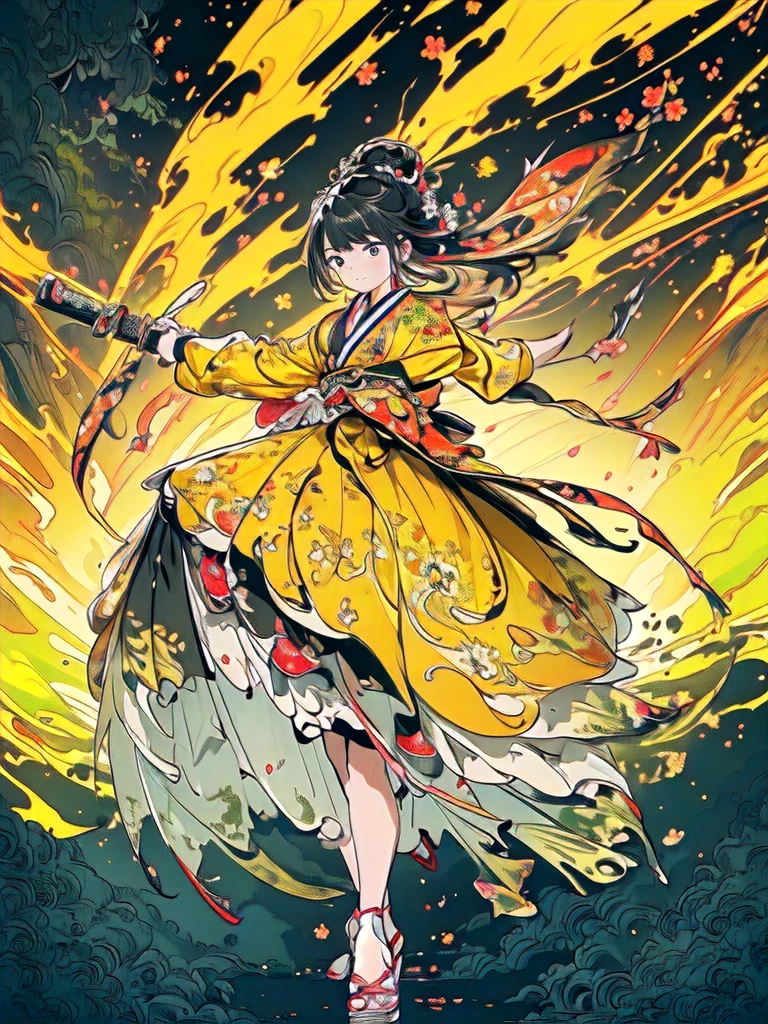 ultra high resolution,((masterpiece))),(((best quality))),((super detailed)),((extremely delicate and beautiful)),(wide shot, wide-angle lens,Panoramic:1.2),super vista,super wide Angle,Low Angle shooting,super wide lens,highly detailed,(masterpiece, top quality, best quality, official art, beautiful and aesthetic:1.2),(fractal art:1.2),
xuer ai yazawa style girl,1girl,solo,holding weapon,katana,floral print,looking at viewer,fighting stance,eastern dragon,braid,floral print,Ink,ink splatter,
(disgust:1.3),(full body:1.4),A shot with tension,(sky glows yellow,Visual impact,giving the poster a dynamic and visually striking appearance:1.2),Chinese Zen style,impactful picture,