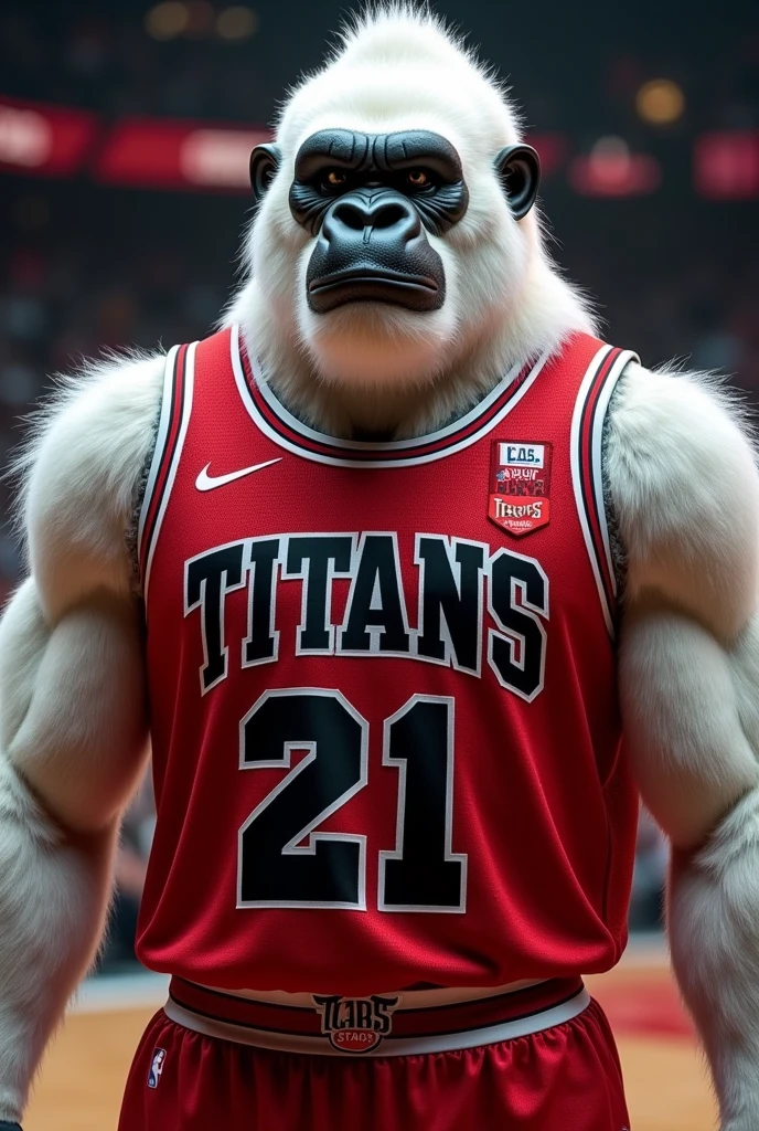 A basketball uniform based on a logo that features, a white-furred gorilla with a cartoon appearance, and the writing "titans" in red with white curtain, generate the uniform based on the NBA ones