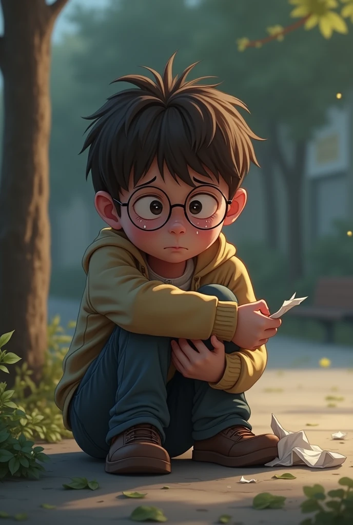 Make a boy sitting with glasses crying because he said a poem in front of the whole school 