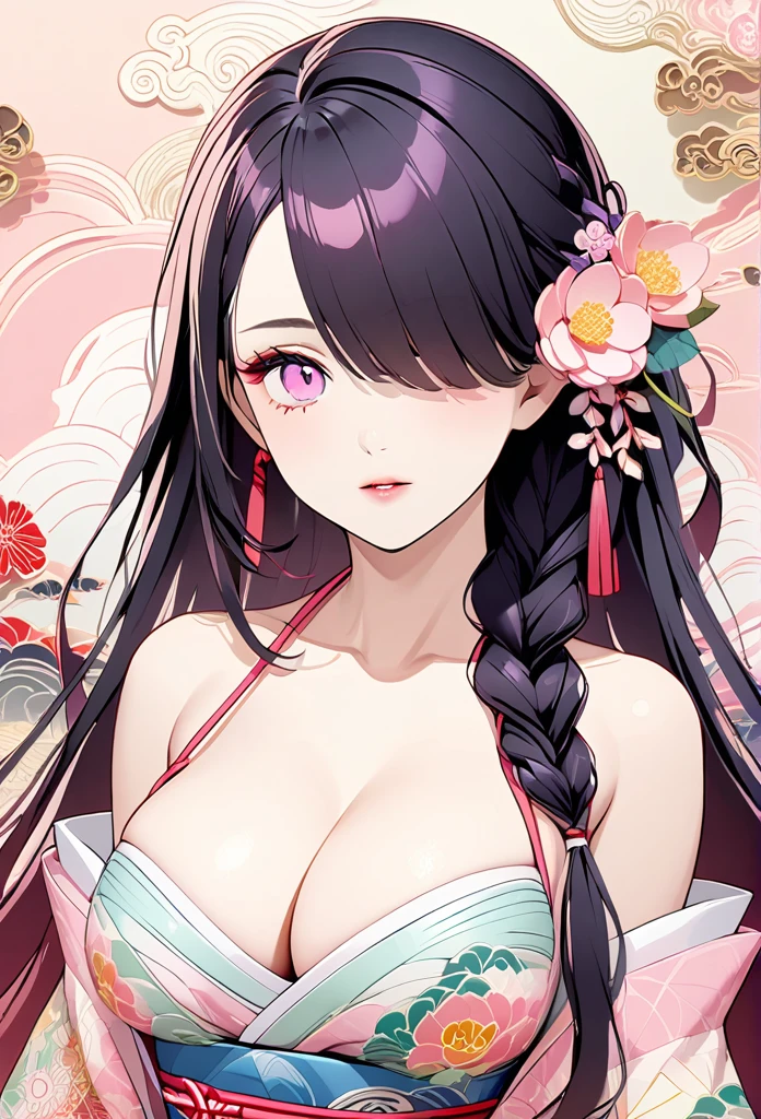 A mesmerizing surreal illustration of a young japanese woman resembling Mei Mei. She has black hair, pink eyes, and wears a vibrant pastel colored outfit adorned with intricate floral patterns. She has a smooth, warm complexion, and bold, colorful tattoos cover her arms and legs. The tattoos feature traditional Japanese motifs like flowers and mythical creatures, rendered with meticulous detail in a pastel color palette. The background is a vintage floral-patterned wallpaper that complements the artwork's colors. The line work is precise, with delicate shading that gives the illustration a 3D quality. The artwork fuses modern illustration techniques with traditional Japanese aesthetics, resulting in a visually striking, portrait, mei mei, long hair, very long hair, braid, hair over one eye, braided ponytail, one eye covered, braided bangs, purple eyes ,big breasts, slender, arms behind back, white panties, cleavage,