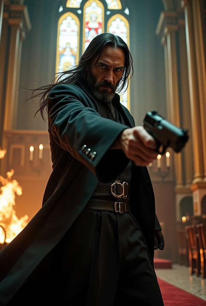 John wick very old wearing a ponytail and wearing a church father robe while holding a gun and fighting full picture