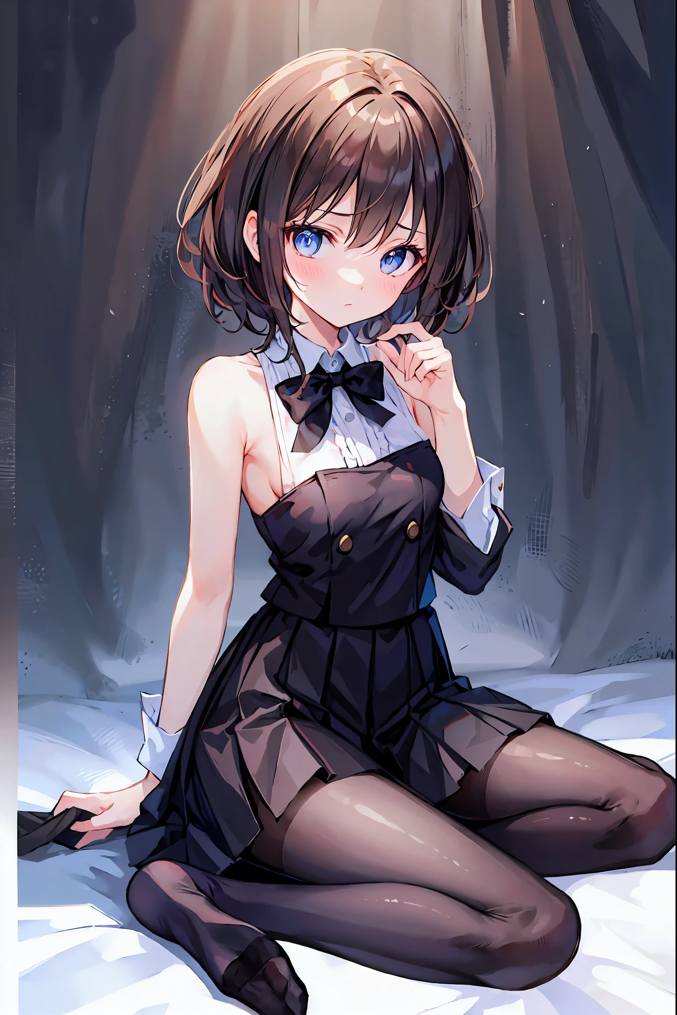 Brown Hair，Shortcuts，Messy Hair，Slender beauty，A dignified posture，小chest，Beautiful feet，Her captivating grey-blue eyes shine like stars，，(Tabletop:1.2, Highest quality),  [One Girl, Expressionless, Turquoise Eyes, Positive, Jet black hair, Half shorthair,Straight hair,chest, Take off your jacket,classic maid dress,] (Gray white background:1.5),
