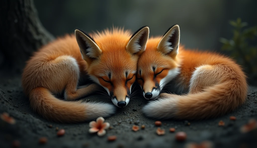 There is a shadow、Photorealistic、Ultra HD、Three baby foxes sleeping curled up、Top view