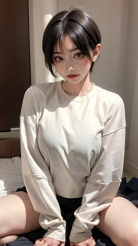 muste piece, best quality, illustration, Super detailed, fine details, High resolution, 8K,wall paper, perfect dynamic composition,(Details High quality, realistic depiction of eyes:1.3), (Fashionable、Beige oversized sweatshirt、long-sleeve), large breasts,short bob hair, black hair color, Big Natural Color Lip, bold sexy pose, crying a little、cold gaze, Harajuku style、20 year old girl、cute type、lolita、beautiful legs, hotel room, hposing Gravure Idol, (woman on top, straddling, sitting)