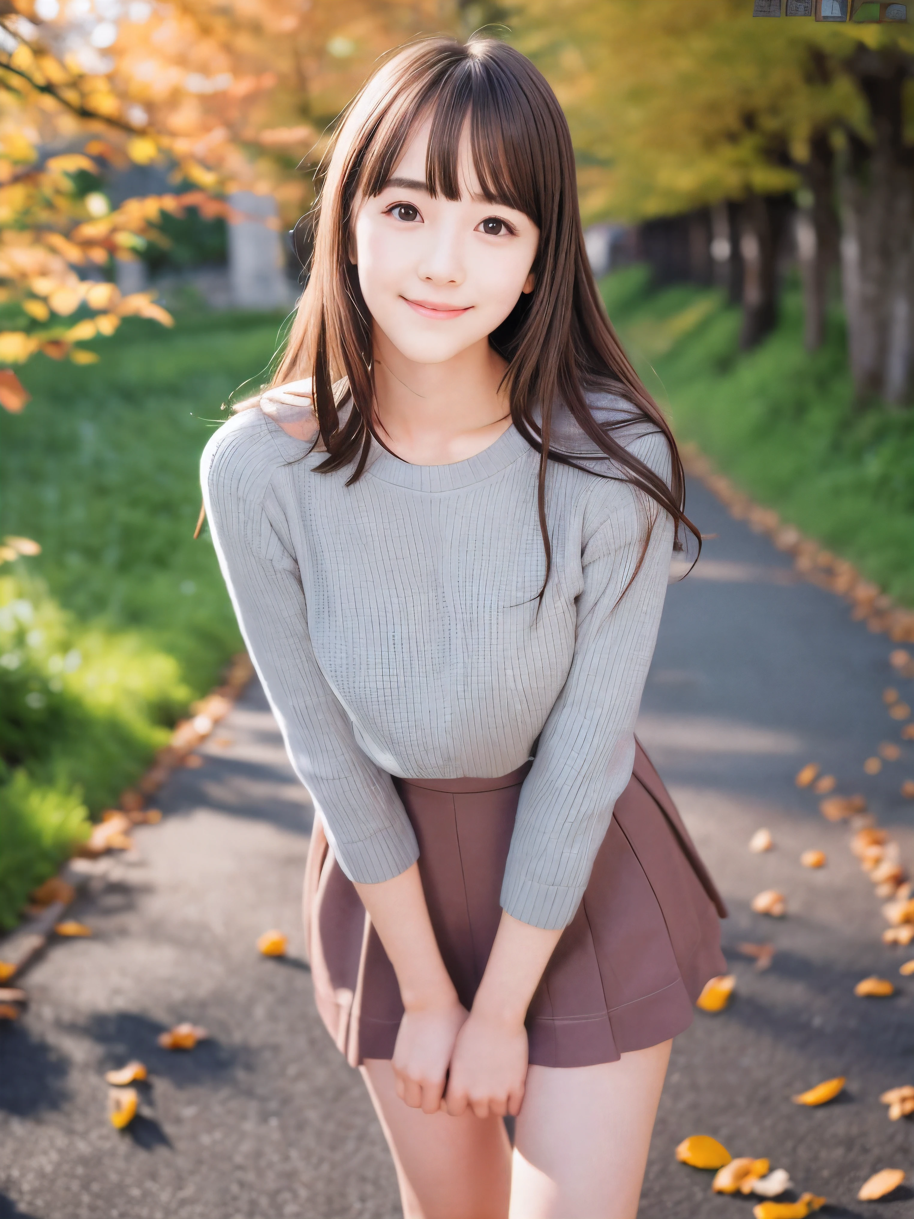 (Close up face shot of one slender small breasts red brown wavy long hair with dull bangs girl in a autumn fashion shirt and sweater and skirt:1.5)、(One girl is leaning forward with happy smile on the dart road near the lake and big waterfall in Japan:1.5)、(Beautiful autumn red leaves and mountain view:1.5)、(Natural light:1.5)、(8k ultra detailed master piece:1.5)、(perfect anatomy:1.5)、(Photorealistic stick:1.5)、(Raw photo:1.3)、(highest quality:1.5)、(High resolution:1.3)、(Delicate and beautiful perfect face:1.3)、(Delicate and beautiful eye air skin:1.3)、(Real Human Skin:1.3)、((thin legs))