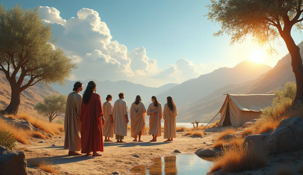 "Create a scene that portrays an ancient and serene environment, inspired by a biblical account from 4 years ago.000 years. The image should show an arid, mountainous landscape, with a clear blue sky and some white clouds. In the foreground, a group of people dressed in traditional biblical costumes, like linen tunics and leather sandals, are gathered in a circle, discussing with expressions of reflection and spirituality. Ao fundo, a simple tent and a campfire can be seen, symbolizing nomadic life. natural elements, like olive trees and a spring of water, should be included to convey a sense of connection to creation. The soft light of the dawning sun illuminates the scene, creating an atmosphere of peace and reverence."