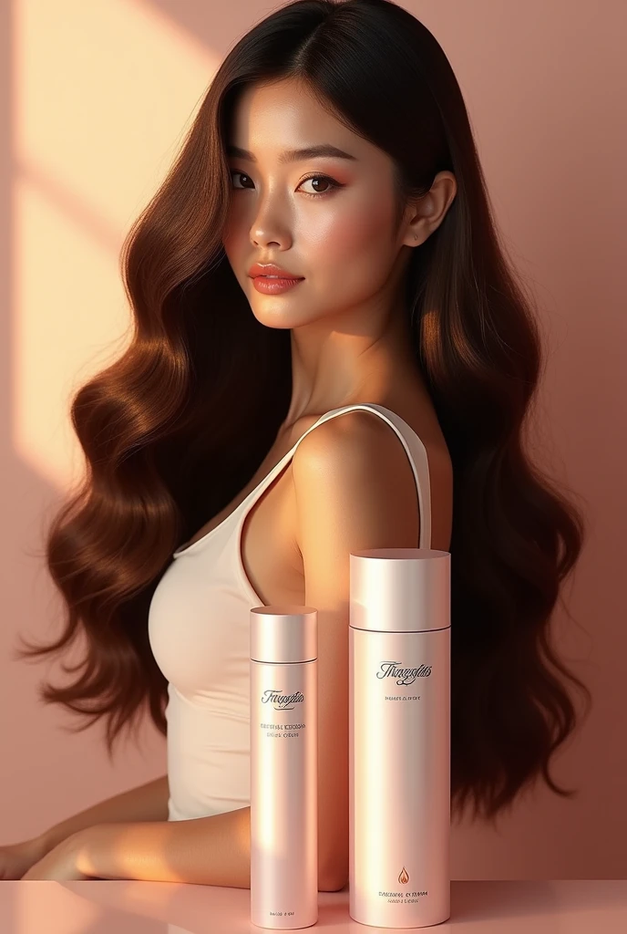 make an advertisement about a hair product called "TrueGloss" with an Asian poster girl using it. the product must appear in front of it, highlighting his name "TrueGloss" but also for the poster girl in the background, enhancing your silky hair.