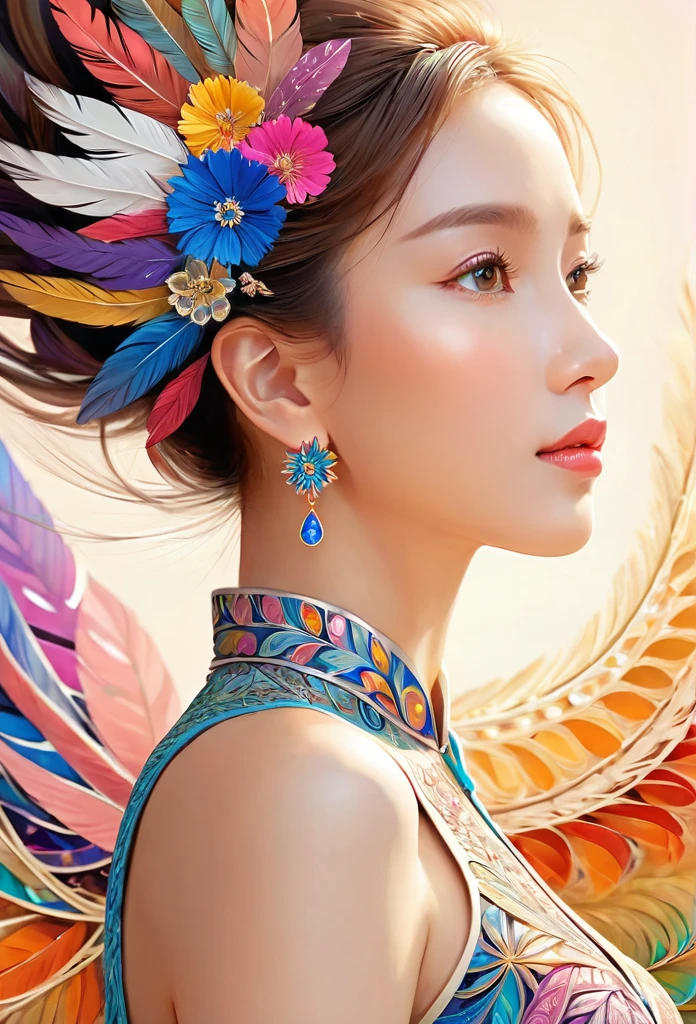 (1girl, solo, from side), extremely detailed, (abstract background, zentangle, fractal art:1.3), (many colors, colorful:1.1), (feathers, petals, flowers:1.3), dynamic pose, earrings