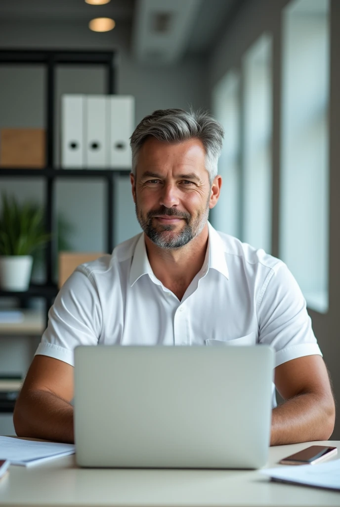(GENERATES AN IMAGE OF A MANAGER IN A WHITE SHORT-SLEEVED SHIRT SITTING AT HIS DESK WITH HIS LAPTOP)