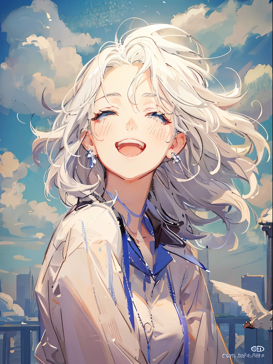 Girl, happy girl, half body potrait, sky background, windy, wind blown hair, white shirt, white hair, blushing face, happy face