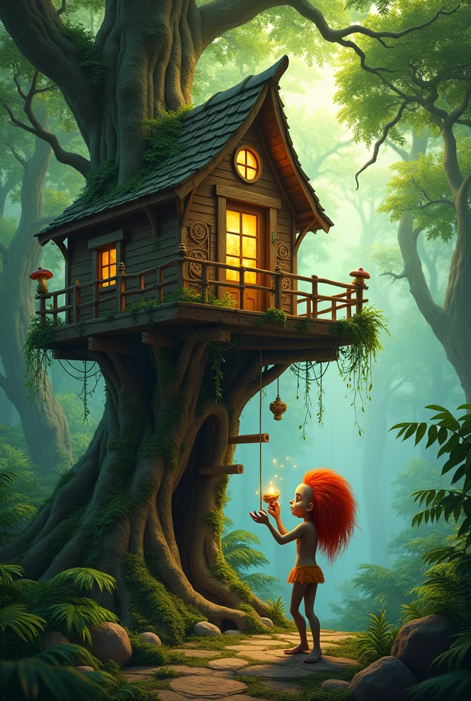 Curupira character in a forest building a tree house