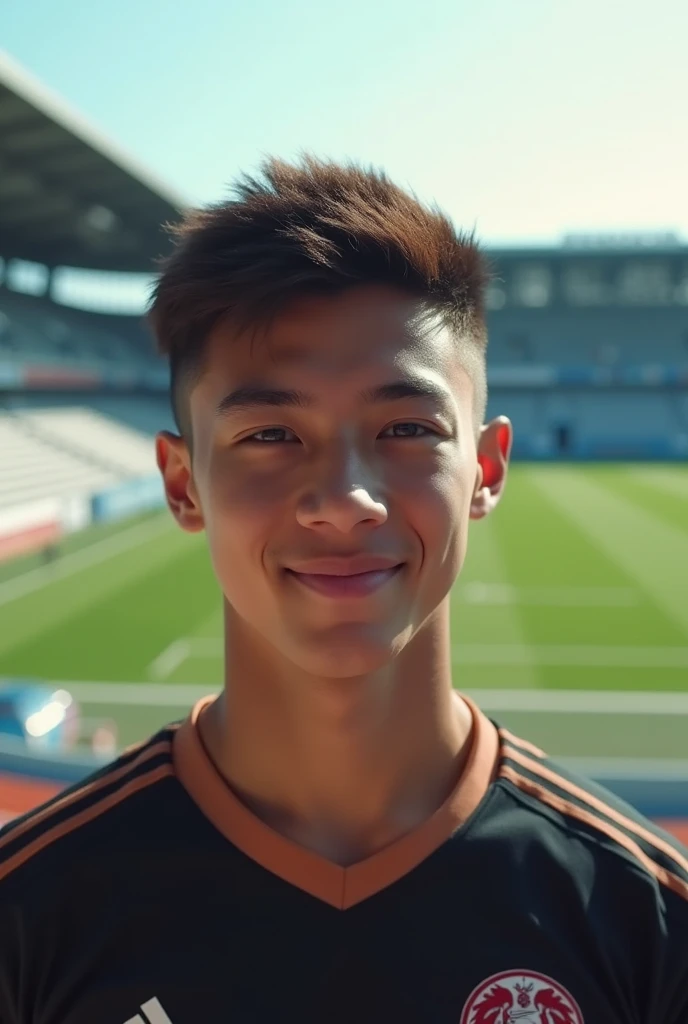 an  football player who will play at the Morumbins stadium, brown hair, short hair, light smile, Futurism, modern, cinematic lighting, from above, award winning