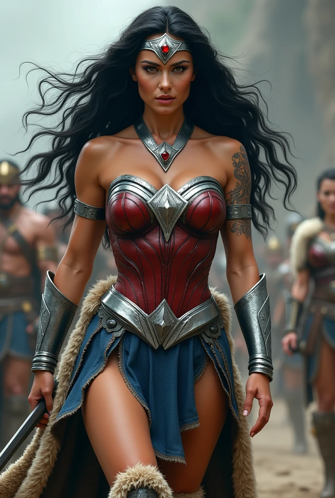 (((Sheepskin Skirt A beautiful woman with long black windblown hair under the cloak of the Amazon warrior Wonder Woman((((((Legis in black sheepdog)))))),(((Red corset with a wide silver metal eagle covering her breasts as an emblem))),(((Dark silver metal bracelets))),(((Sheepskin boots up to the knees with sheepskin trim)),(((Sheepskin on his shoulders))),(((Tattoos on one of her arms and a wide silver metal headband with a red star ruby on her forehead)))Giant Viking style sword in his hand))),(((Wonder Woman Vikingo))),(((Black legis))),((((((Red boots in sheepskin with beige trim)))))),((((((Black legis)))))),((((((((read in ovejero)))))))),(((((Sheepskin boots)))))