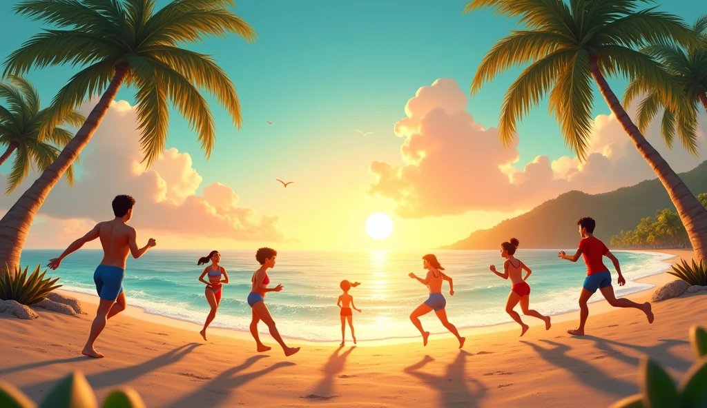 Create a horizontal image of a beach background where you can see a sunrise at sea, palm trees and on the sand there are some people in sportswear doing Olympic sports. It must be an animated image