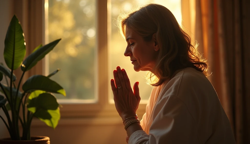 a 2 Americana woman in profile has her hands together praying, she is on her knees praying with her eyes closed, LIT WITH SUNLIGHT, ULTRA REALISTIC IMAGE, The style is a realistic photograph using a 50mm lens in 8k and applying contrast, 8K --ar 16:9 --s 1000 --v 6.0