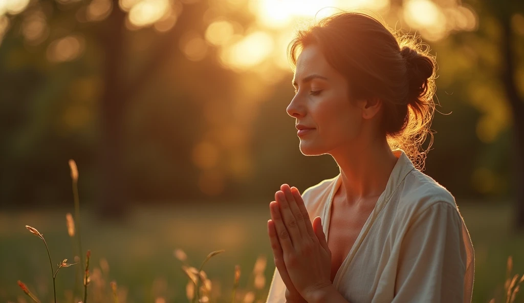 a 2 Americana woman in profile has her hands together praying, she is on her knees praying with her eyes closed, LIT WITH SUNLIGHT, ULTRA REALISTIC IMAGE, The style is a realistic photograph using a 50mm lens in 8k and applying contrast, 8K --ar 16:9 --s 1000 --v 6.0