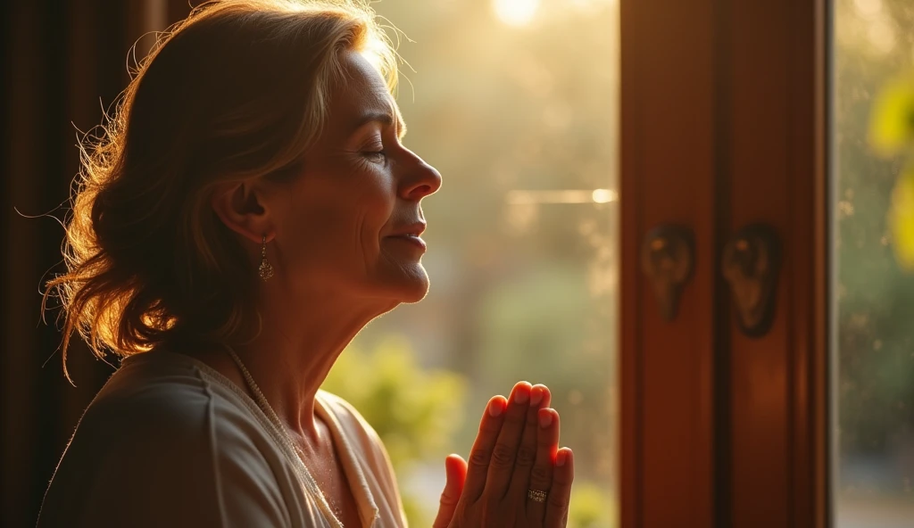 a 2 Americana woman in profile has her hands together praying, she is on her knees praying with her eyes closed, LIT WITH SUNLIGHT, ULTRA REALISTIC IMAGE, The style is a realistic photograph using a 50mm lens in 8k and applying contrast, 8K --ar 16:9 --s 1000 --v 6.0 