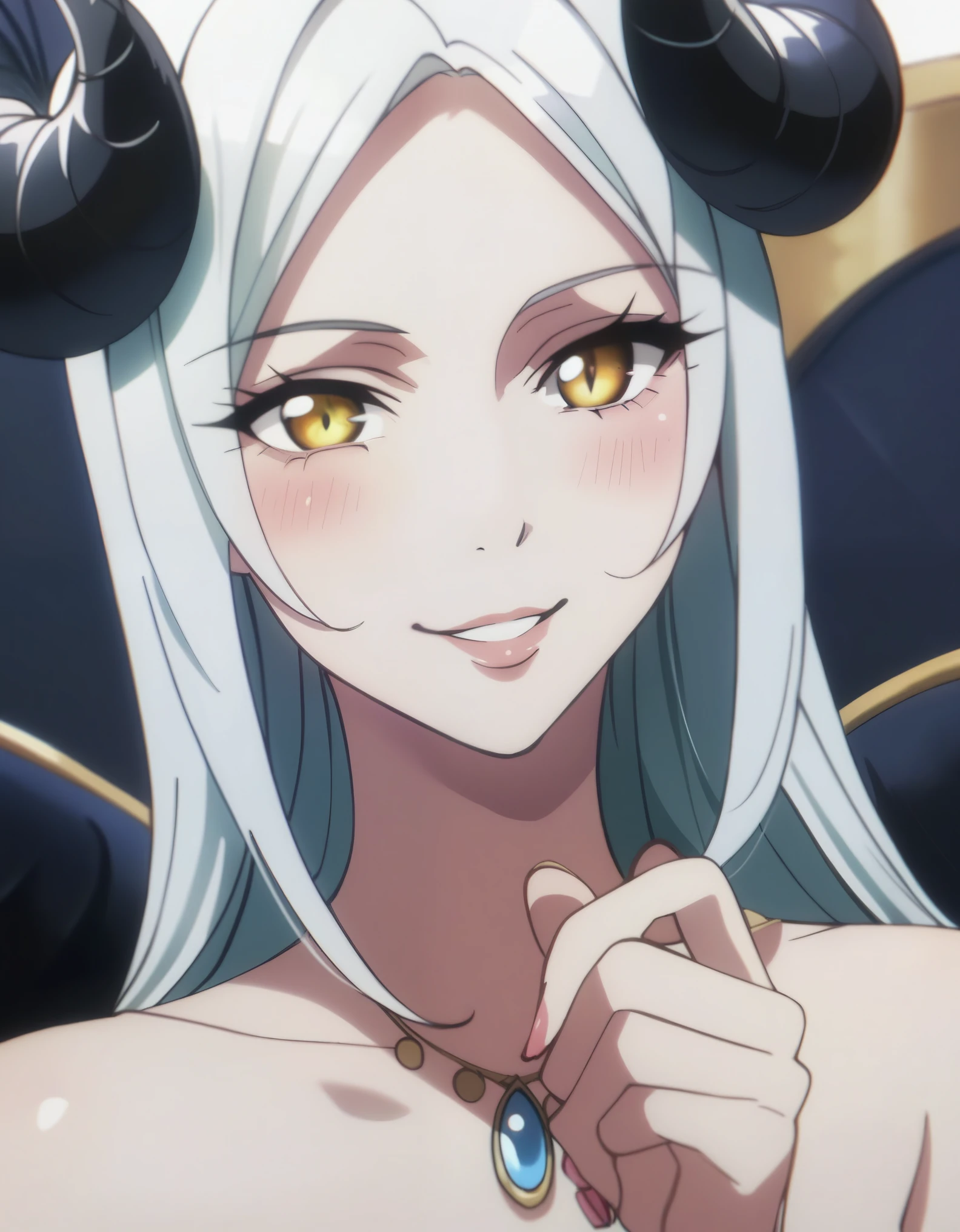 A demonic and seductive looking anime character, with black wings, long dark flowing hair, bright golden eyes, and curved horns like those of a ram. has pale skin, a mischievous smile and a playful and mysterious expression, holding a finger to his lips as if silencing someone. She wears a white dress with intricate detailing and gold accents, along with a blue gem on his chest. The scene is dramatically lit., with soft shadows that enhance her sharp features, as the background fades into darkness, adding an enigmatic and magical touch. The style is a mix of anime fantasy with intricate details, Capturing an intense portrait, close and dynamic