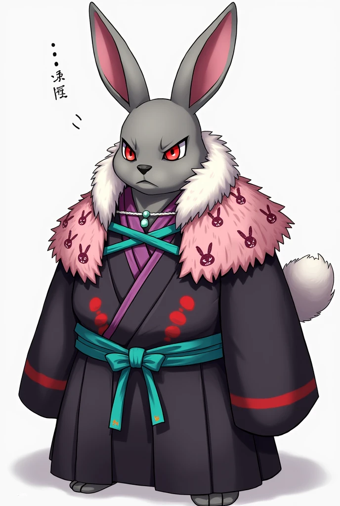 Larger and tougher than the rest of his race, he is extremely intimidating to look at. Resembles a grey hare rabbit, inner pink ears, a dark grey nose, and red color eyes. The right eye is covered by a slash mark, but when it is open the color is faded. Dresses up in a dark kimono with red marks under the waist line with an inner purple color, and tied X-shape turquoise ribbons from the belly to the backside. Wears a traditional pink cloth cape which had rabbit designs, a fluffy collar which has jade beads, two tied dangles and a white string holding a cotton ball center like a rabbit's tail. When Sunraku first encounters Vysache at his palace in the rabbit kingdom “Rabitz”, he perceives him as a Yakuza boss.