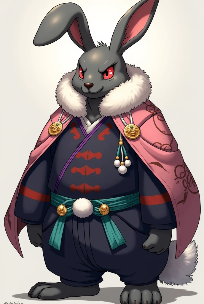 Larger and tougher than the rest of his race, he is extremely intimidating to look at. Resembles a grey hare rabbit, inner pink ears, a dark grey nose, and red color eyes. The right eye is covered by a slash mark, but when it is open the color is faded. Dresses up in a dark kimono with red marks under the waist line with an inner purple color, and tied X-shape turquoise ribbons from the belly to the backside. Wears a traditional pink cloth cape which had rabbit designs, a fluffy collar which has jade beads, two tied dangles and a white string holding a cotton ball center like a rabbit's tail. When Sunraku first encounters Vysache at his palace in the rabbit kingdom “Rabitz”, he perceives him as a Yakuza boss.