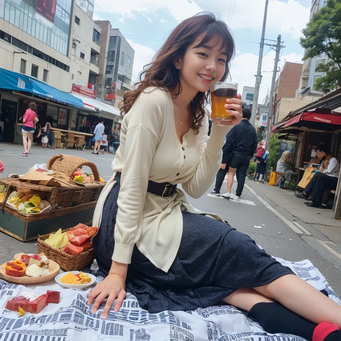 Highest quality、Highest quality、Highest Resolution、masterpiece、detailed、(There are beautiful women:1.2)、(light brown long curly hair)、(Full Body Shot:1.2)、((Smiling at the camera))、Shooting from a low angle、(She is drunk from drinking too much alcohol:1.3)、(Sleepy face:1.3)、Red cheeks,Legs wide open and touching、Patterned blouse and mini skirt、Wearing lace bra and panties、Wearing a garter belt, stockings, a half coat, high heels and a shoulder bag、(A picnic sheet is laid out on the crowded sidewalk in front of the station.:1.5)、(He&#39;s drinking beer and asking me to join him for a drink.:1.5)、(Empty beer cans, empty whiskey bottles, lunch boxes, etc. are scattered around her.:1.5)