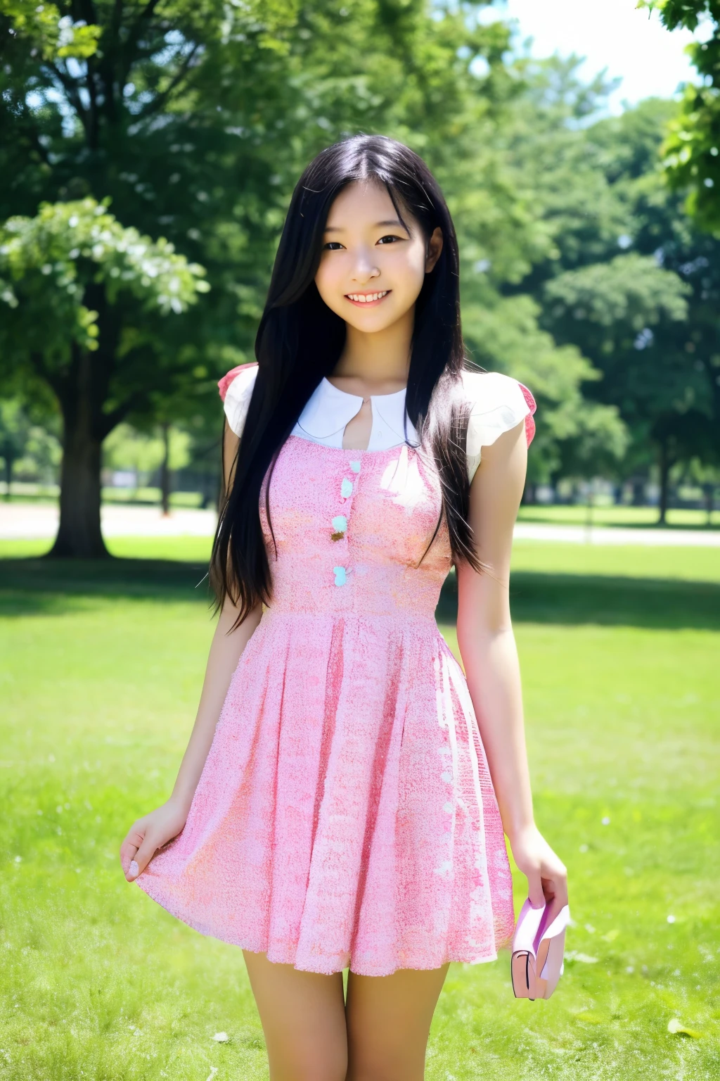 Standing alone in an empty park、High school girls、Summer clothes、Long black hair、Cute Face、miling、Full body portrait