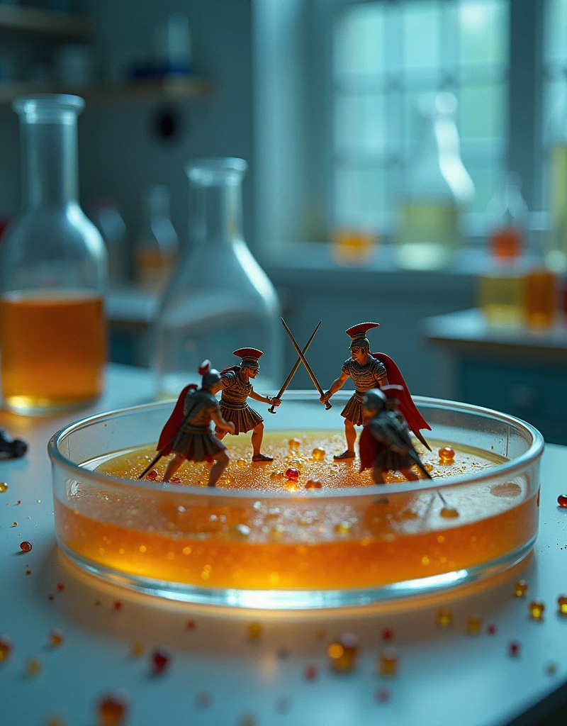 Laboratory bench where in the center there is a petri dish and inside it there is a fight between Greeks and Romans 