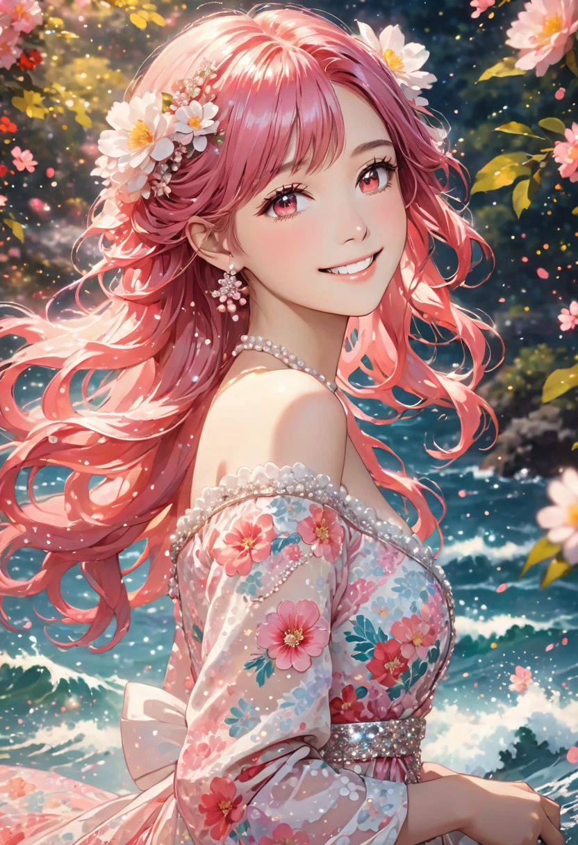 The image features a person with long, vibrant pink hair, red eyes ,cascading in waves. Their hair is adorned with small white flowers and decorative pearls. They are wearing a light-colored, off-shoulder dress with a floral and sequin pattern. The background is a soft, out-of-focus array of light particles, giving the scene a dreamy atmosphere.smile