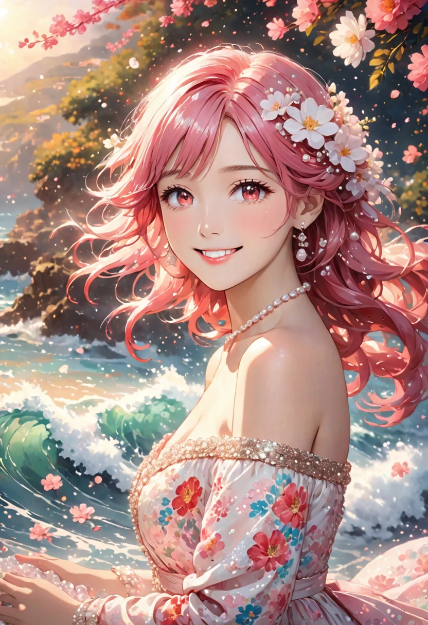 The image features a person with long, vibrant pink hair, red eyes ,cascading in waves. Their hair is adorned with small white flowers and decorative pearls. They are wearing a light-colored, off-shoulder dress with a floral and sequin pattern. The background is a soft, out-of-focus array of light particles, giving the scene a dreamy atmosphere.smile 