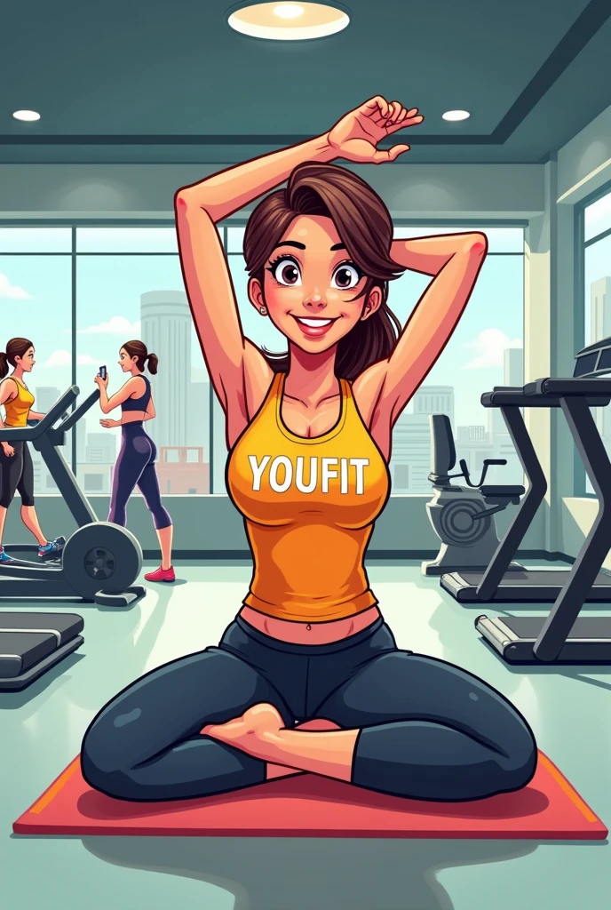 cartoon woman stretching at the gym with a shirt that says youfit