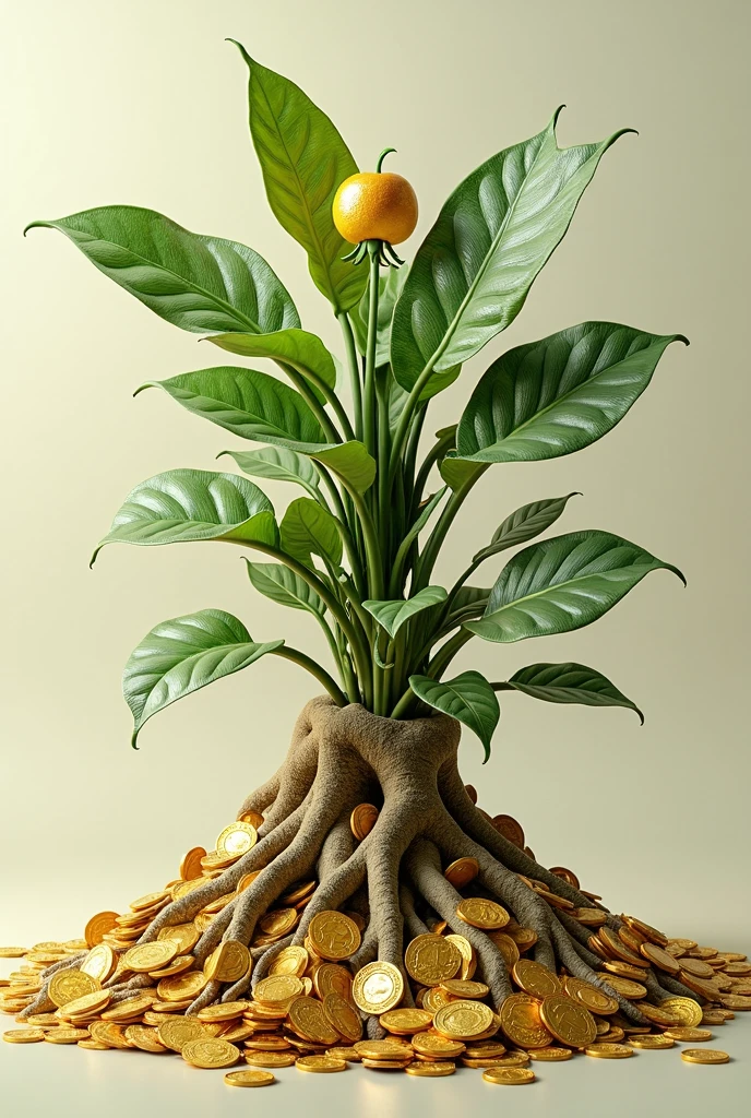 A plant rooted and growing from shimmering gold coins, which were given by a human hand, and the tree is able to grow a small amount of banknote fruit