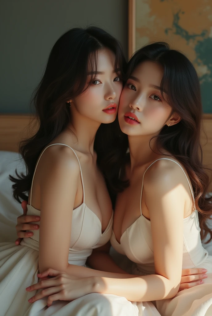 Two Korean women intertwined in sexy underwear on bed, Two instagrammers, Face resembles SANA from TWICE, Large breasts, Bewitching Korean woman, Bitch, (8k, Raw photo, Top quality, Masterpiece: 1.2), (Realistic, Realistic: 1.37), Super high resolution, droopy eyes, big breasts, Beautiful Breasts, Highly detailed face, Highly detailed lips, Double eyelids, Elaborate details and subtle sparkle, Shoot her in a pose that reflects both elegance and confidence, Enhance the visual effect with cinematic lighting. Use modern 2D design for the background, creating a beautiful, balanced composition. Enhance the scene with elements such as depth of field, bloom effects, and a touch of sparkle, adding a dreamy texture to the overall image. Pay close attention to detail