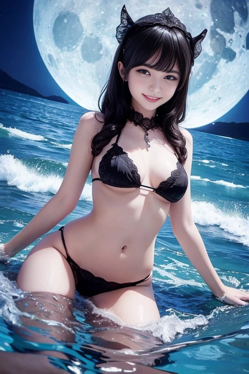 1 Girl,Under the moonlight, at sea,water,leg,Wearing black lace sexy bikini,Happy smile