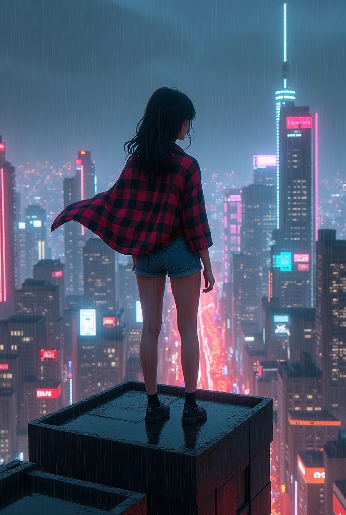 a girl on top of a building wearing jean shorts and a long-range plaid shirt, rainy daytime, dark evening, Neon lights, looking at the cyberpunk city, well-defined lines, Neon lights evidentes